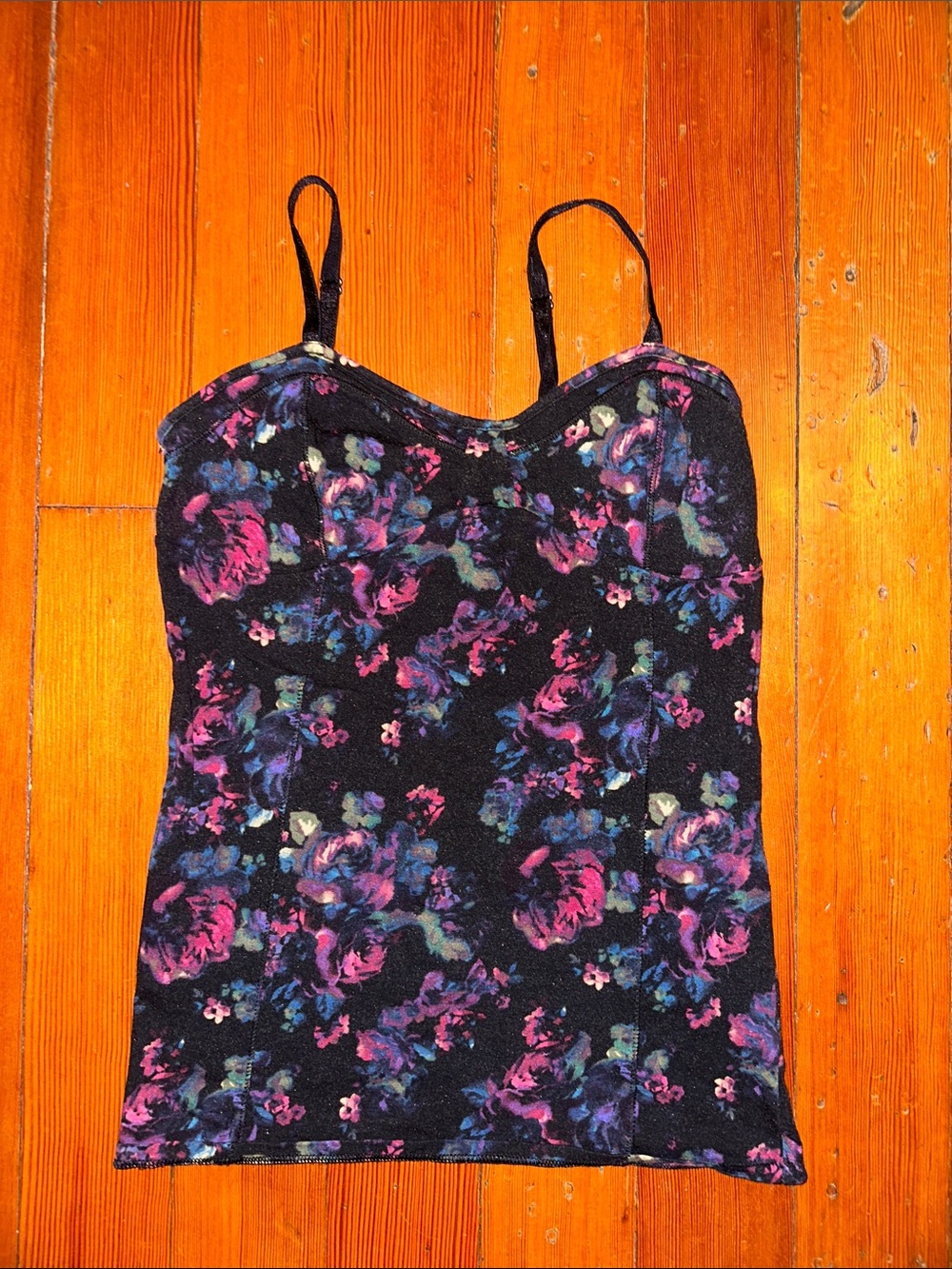 Black Pink Blue Floral Adjustable Spagetti Strap Cami Tank Top Croset Stitching